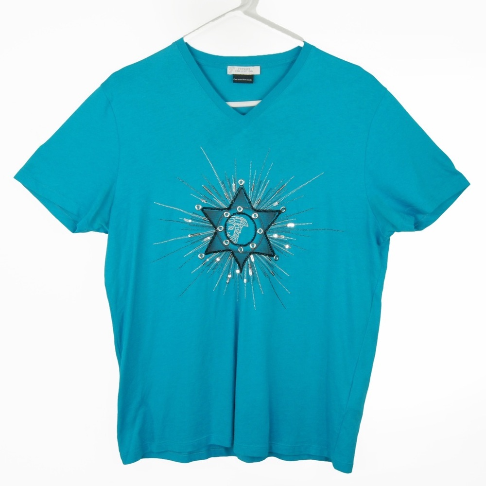 Vintage Y2K Versace Blue Embroidered Beaded Star Logo V Neck Shirt Top